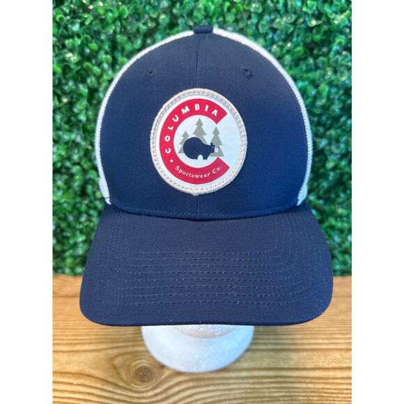 Columbia Hat Baseball Cap Bear In Woods Logo Christmas Tree Blue White Flex Fit - Picture 1 of 6